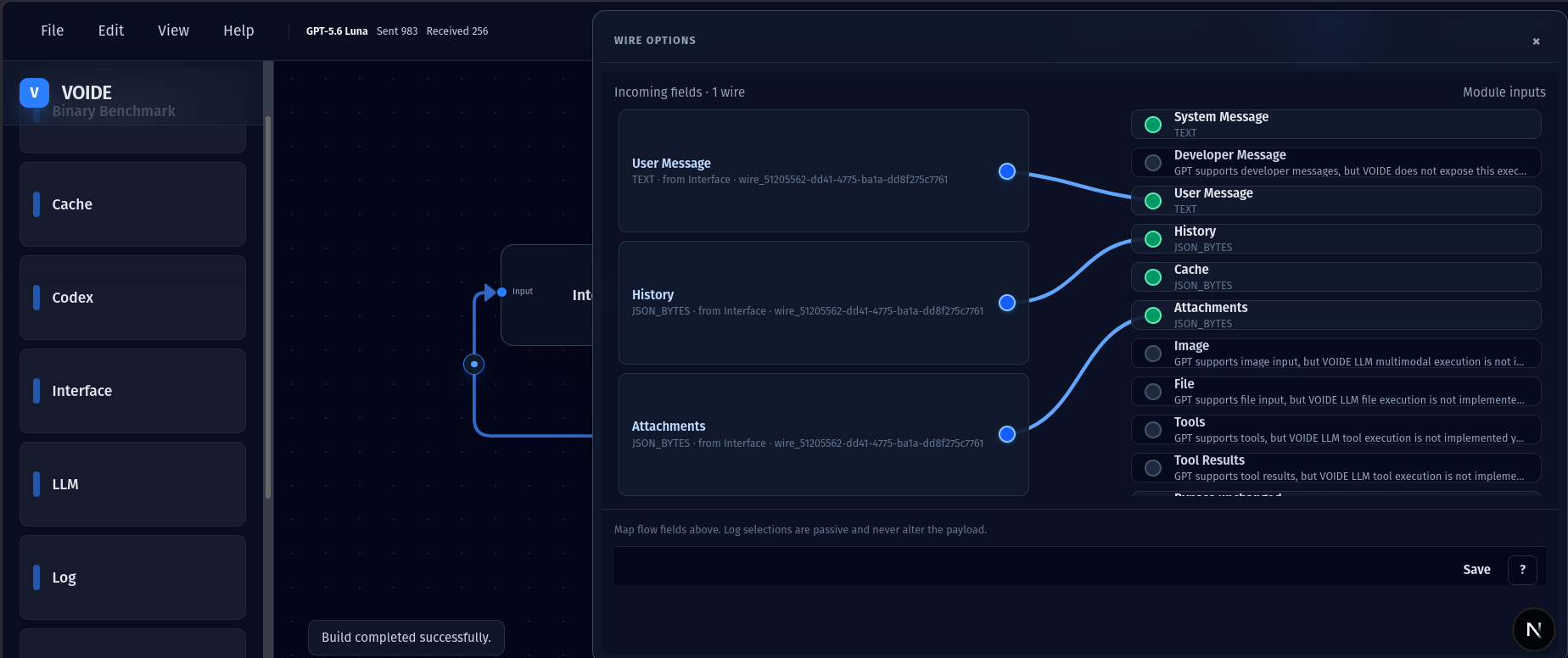 VOIDE Wire Options mapping user message, history, and attachments to model inputs